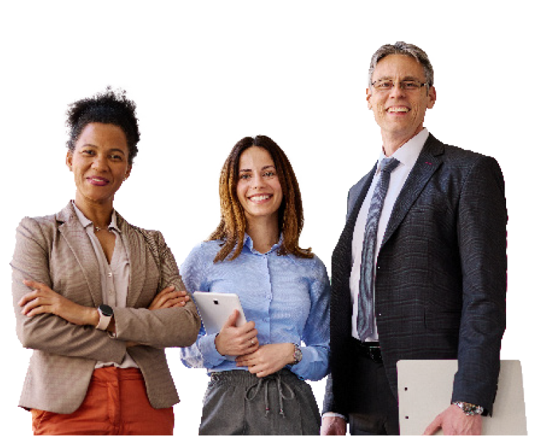 Two women and a man all smiling in business attire