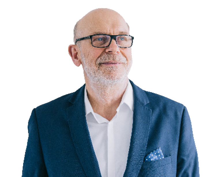 Man with glasses looking to the side